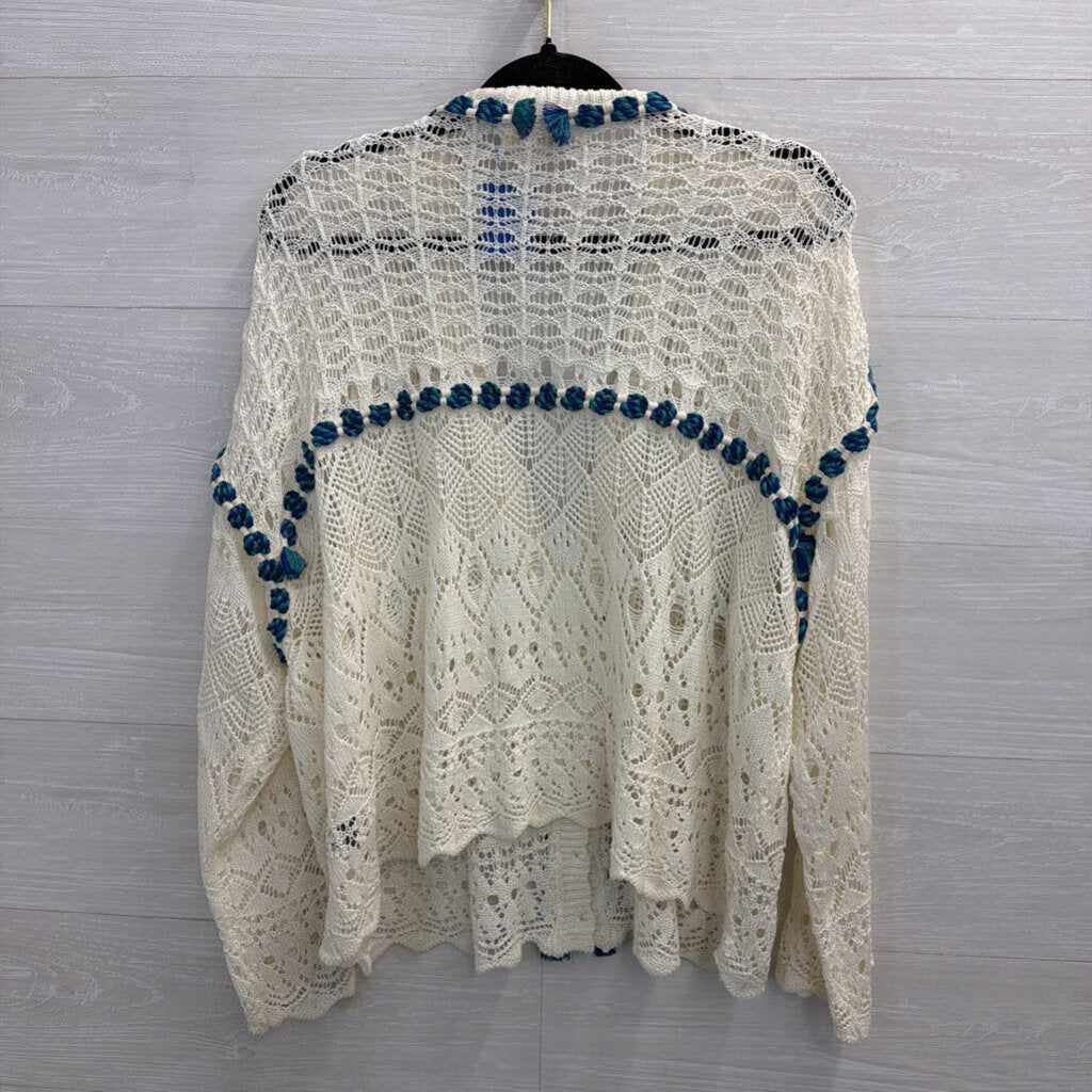 POL White Open Knit Blue Rope Detail Cardigan Sweater Medium