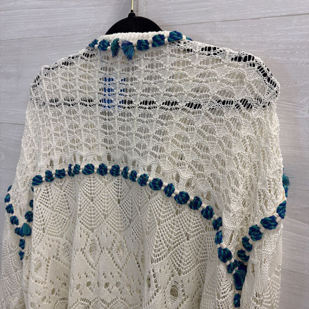 POL White Open Knit Blue Rope Detail Cardigan Sweater Medium