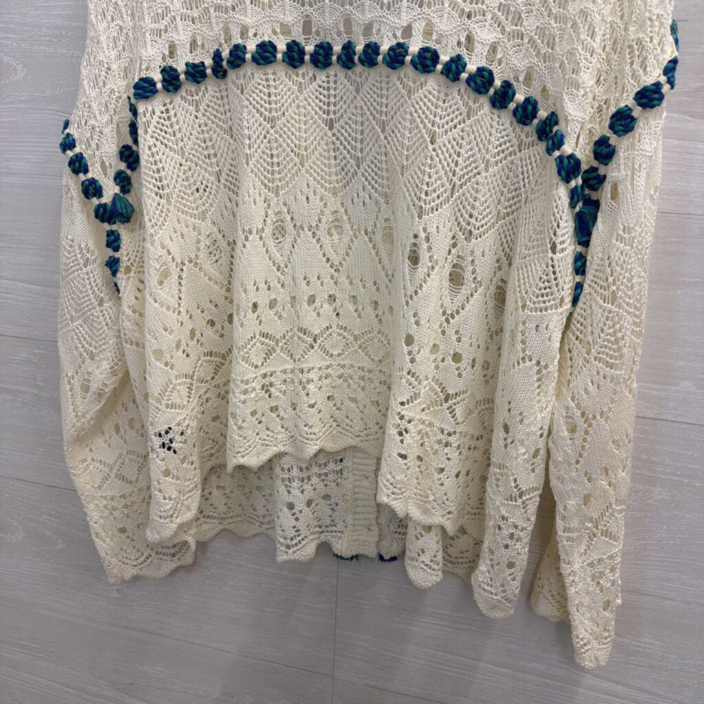 POL White Open Knit Blue Rope Detail Cardigan Sweater Medium
