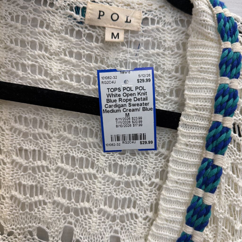 POL White Open Knit Blue Rope Detail Cardigan Sweater Medium