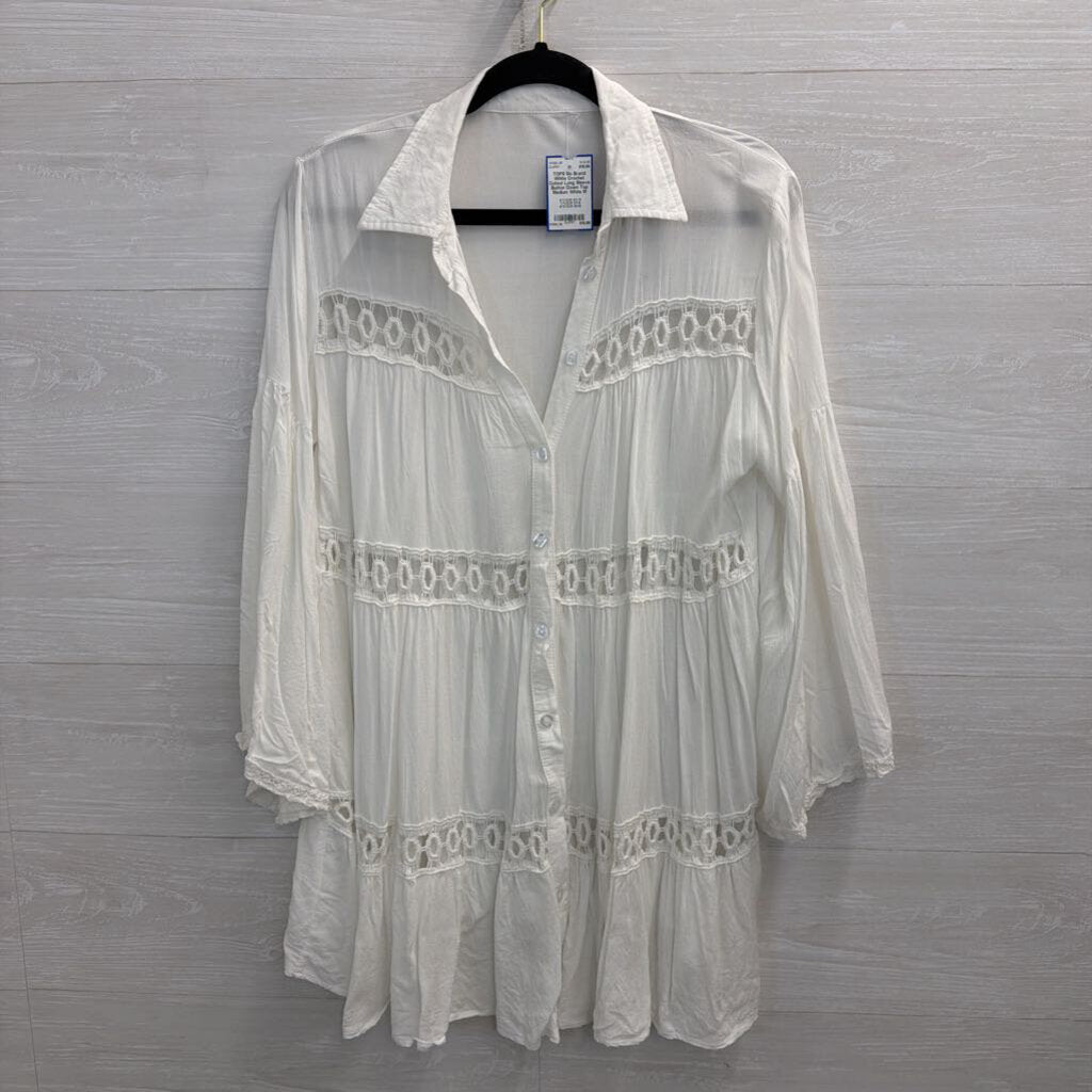 White Crochet Cutout Long Sleeve Button Down Top Medium