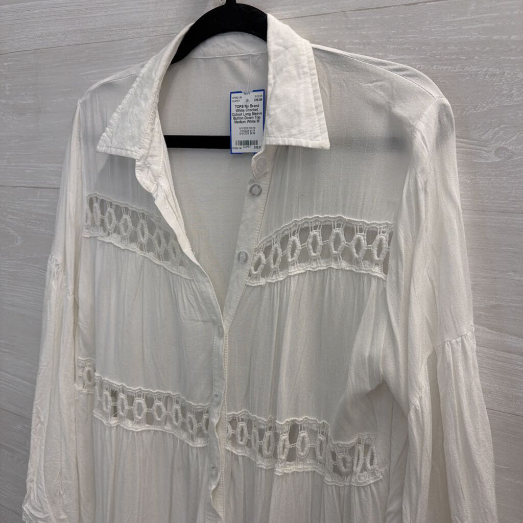 White Crochet Cutout Long Sleeve Button Down Top Medium