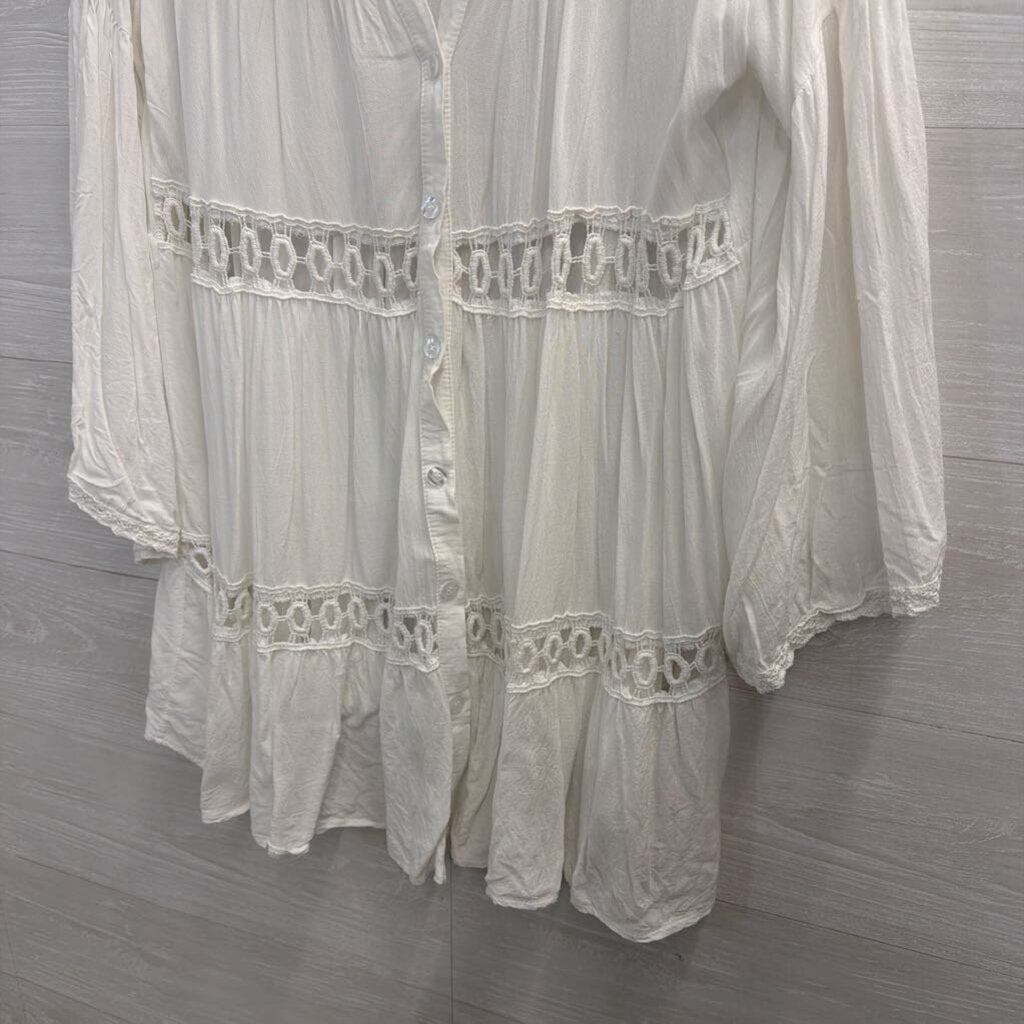 White Crochet Cutout Long Sleeve Button Down Top Medium