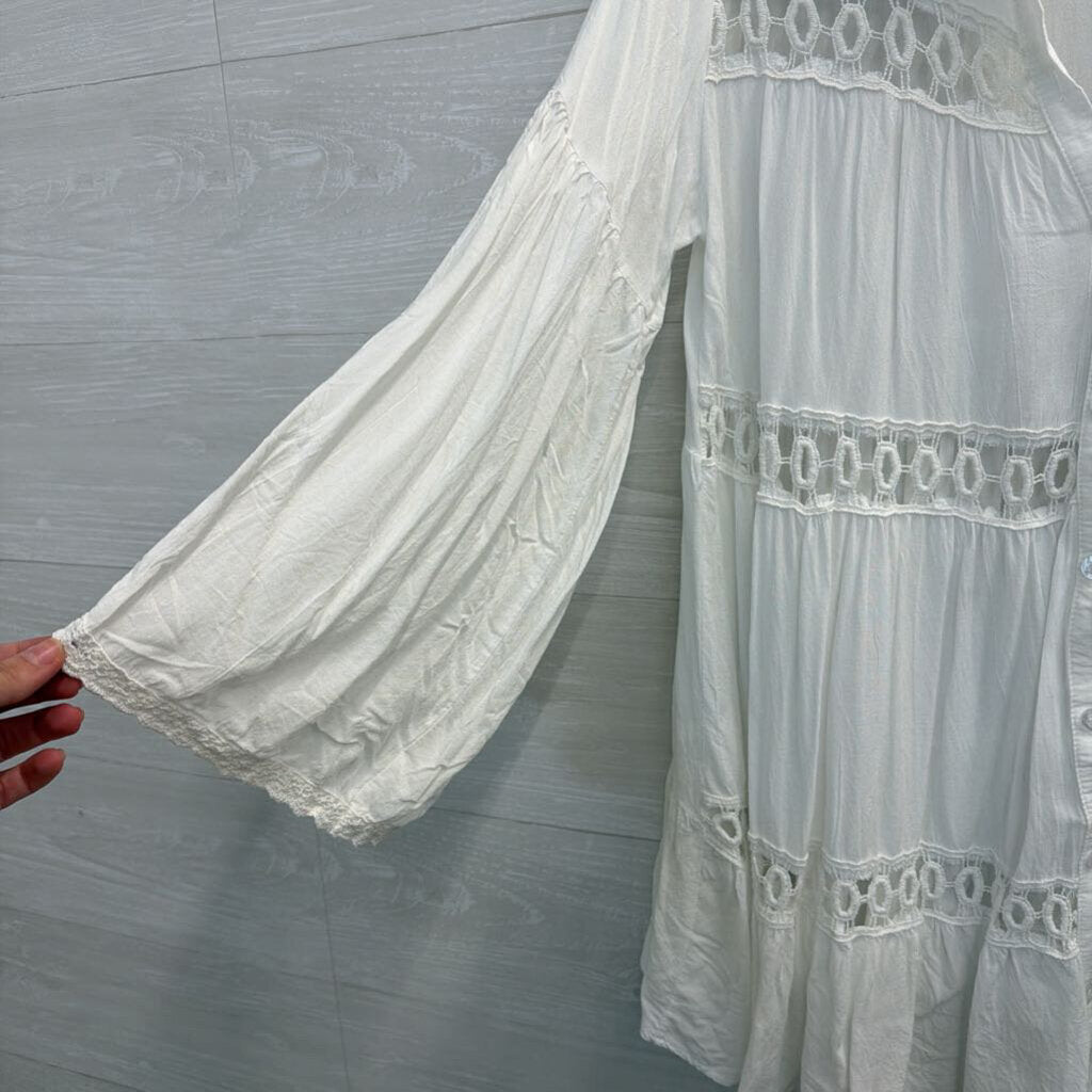 White Crochet Cutout Long Sleeve Button Down Top Medium