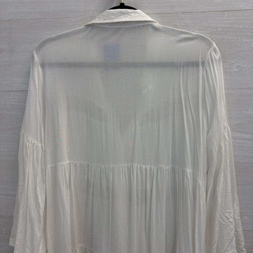 White Crochet Cutout Long Sleeve Button Down Top Medium