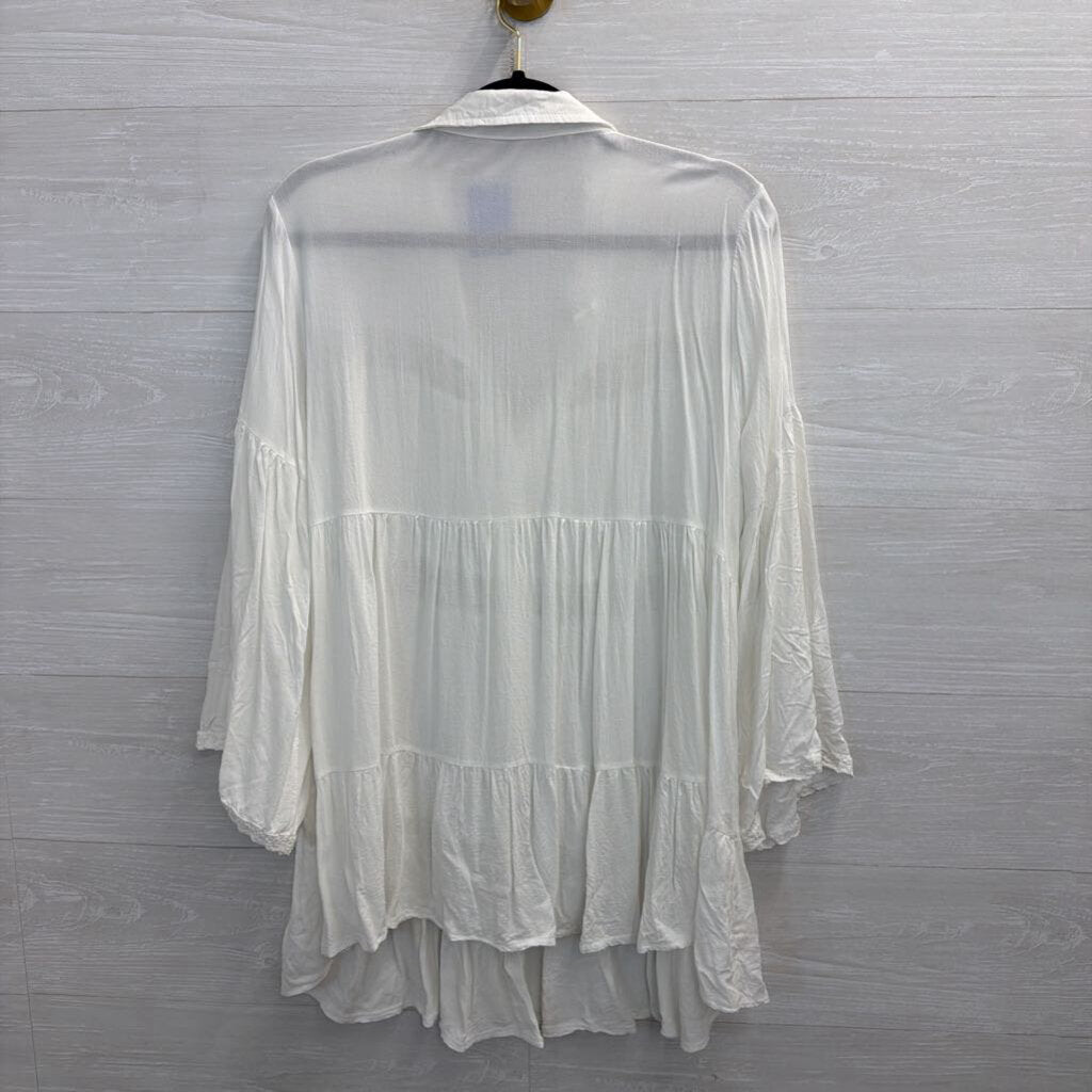 White Crochet Cutout Long Sleeve Button Down Top Medium