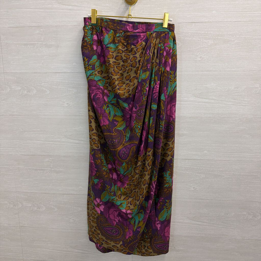 Vintage Miss O by Oscar de la Renta Purple/ Brown Print Wrap Maxi Skirt Small