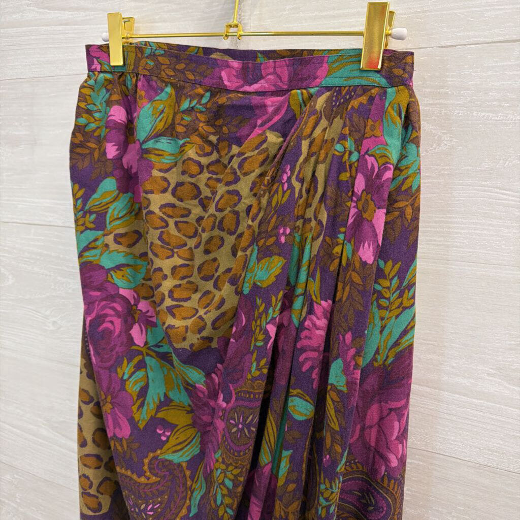 Vintage Miss O by Oscar de la Renta Purple/ Brown Print Wrap Maxi Skirt Small