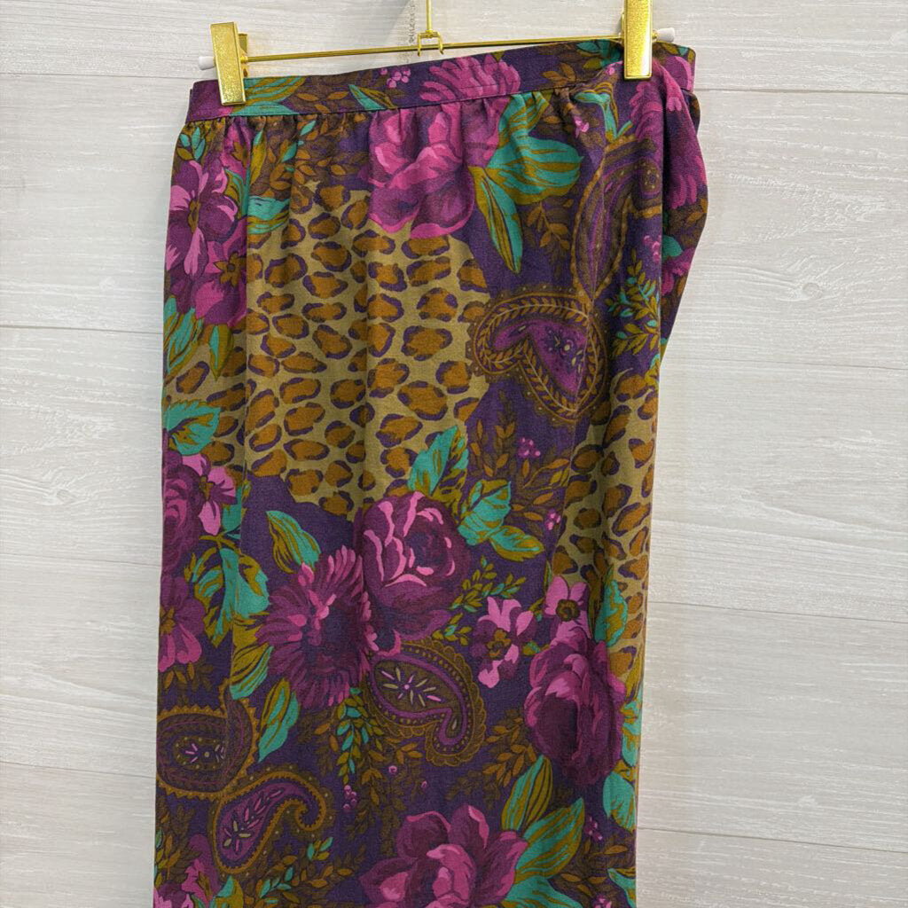 Vintage Miss O by Oscar de la Renta Purple/ Brown Print Wrap Maxi Skirt Small