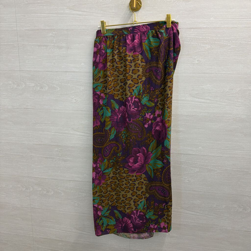 Vintage Miss O by Oscar de la Renta Purple/ Brown Print Wrap Maxi Skirt Small