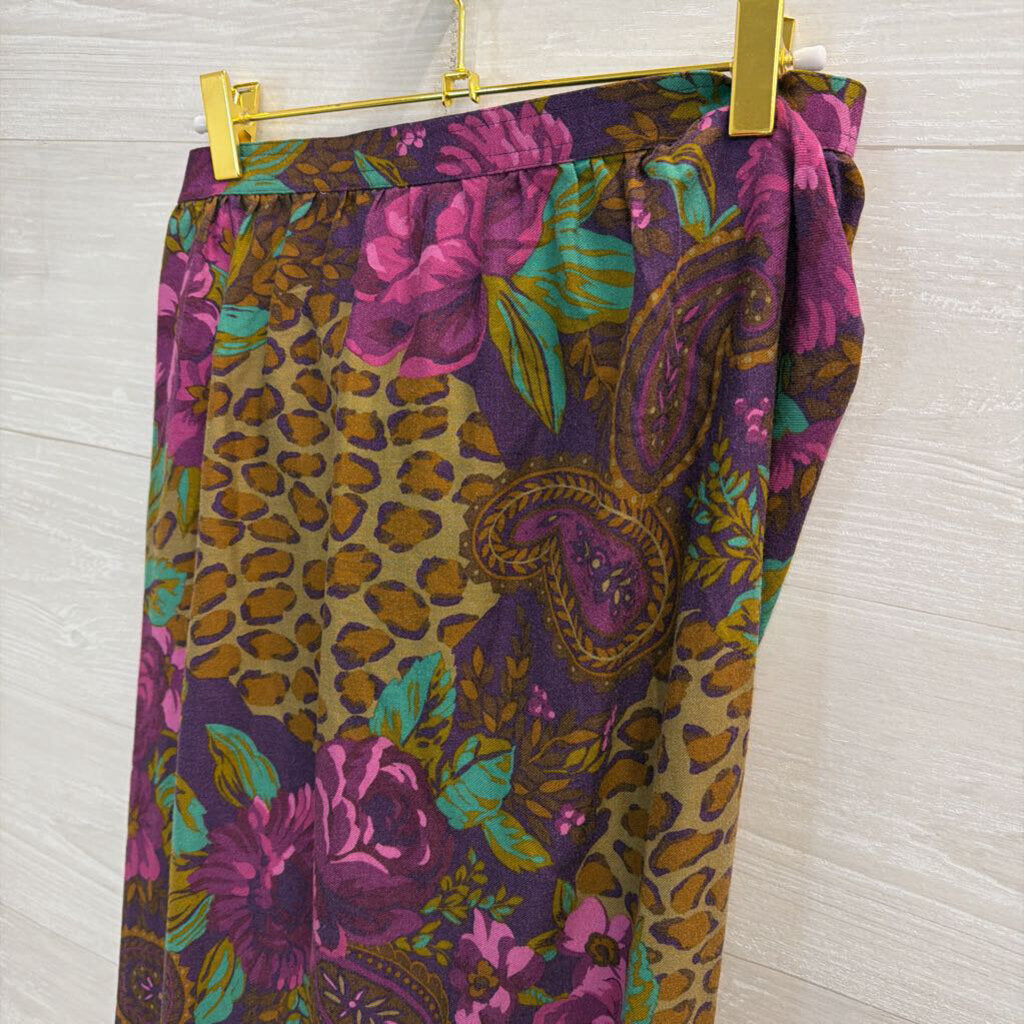 Vintage Miss O by Oscar de la Renta Purple/ Brown Print Wrap Maxi Skirt Small