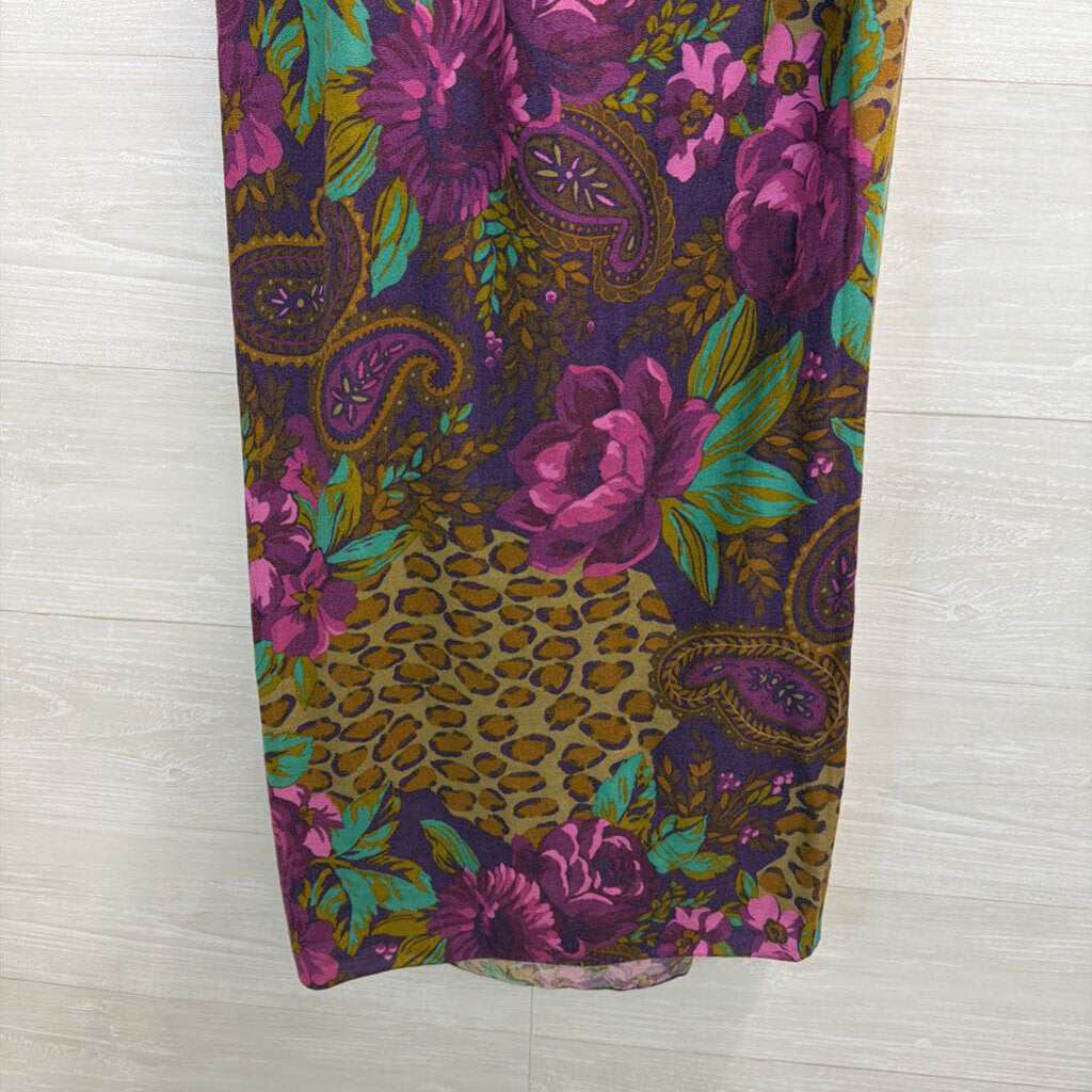 Vintage Miss O by Oscar de la Renta Purple/ Brown Print Wrap Maxi Skirt Small