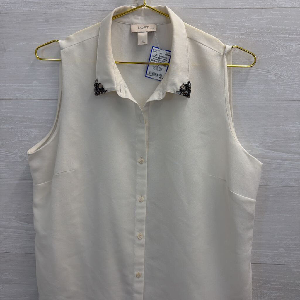 Loft White Sleeveless Beaded Collar Button Down Top Large Petite