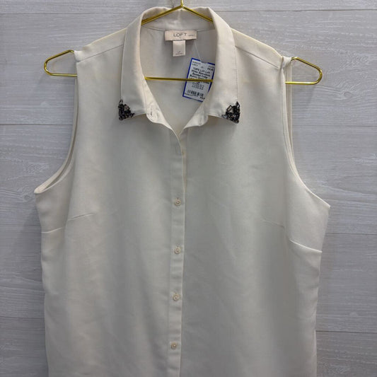 Loft White Sleeveless Beaded Collar Button Down Top Large Petite