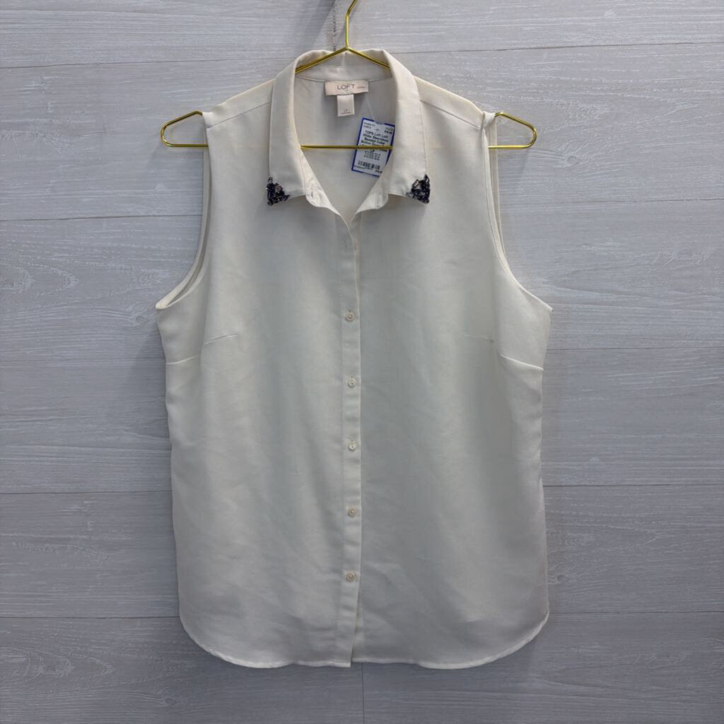 Loft White Sleeveless Beaded Collar Button Down Top Large Petite