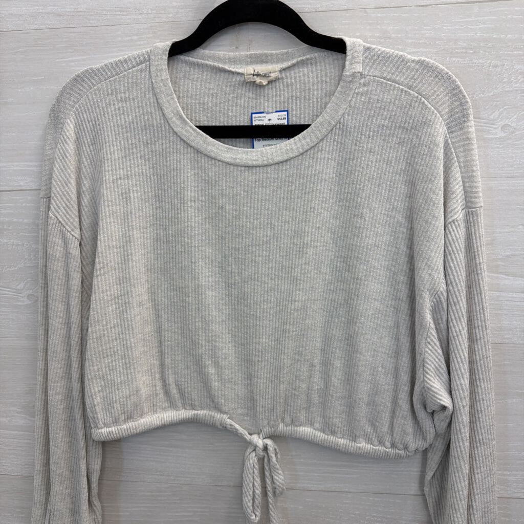 Bittersweet Grey Ribbed Cropped Tie Waist Long Sleeve Top Medium
