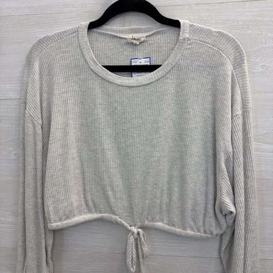 Bittersweet Grey Ribbed Cropped Tie Waist Long Sleeve Top Medium