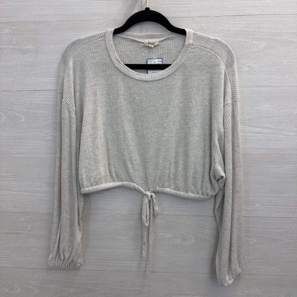 Bittersweet Grey Ribbed Cropped Tie Waist Long Sleeve Top Medium