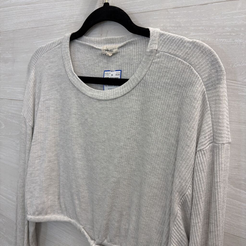 Bittersweet Grey Ribbed Cropped Tie Waist Long Sleeve Top Medium