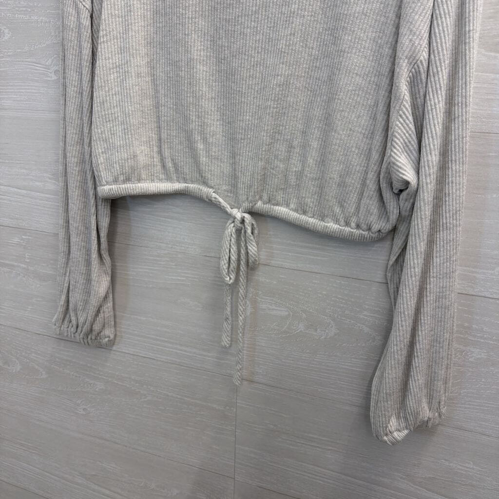 Bittersweet Grey Ribbed Cropped Tie Waist Long Sleeve Top Medium