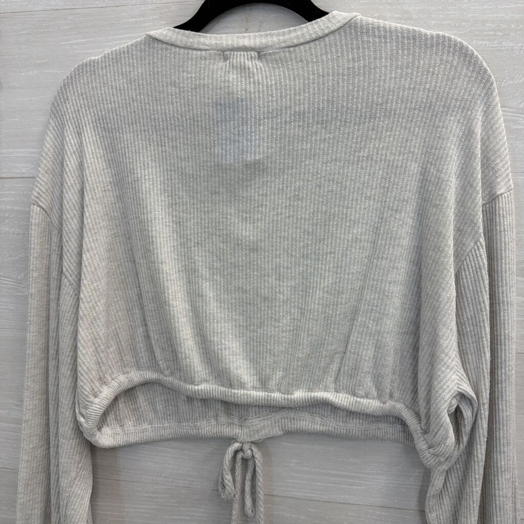 Bittersweet Grey Ribbed Cropped Tie Waist Long Sleeve Top Medium