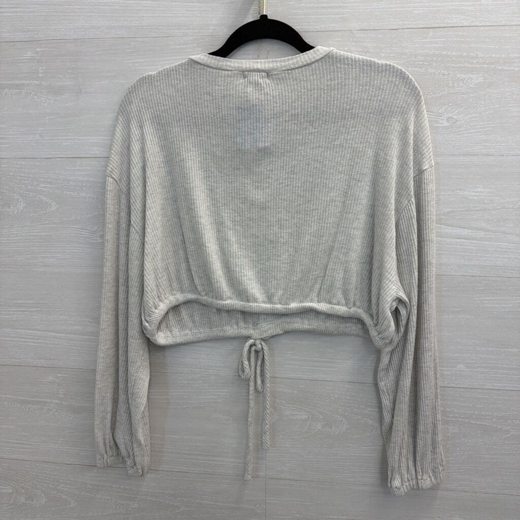 Bittersweet Grey Ribbed Cropped Tie Waist Long Sleeve Top Medium