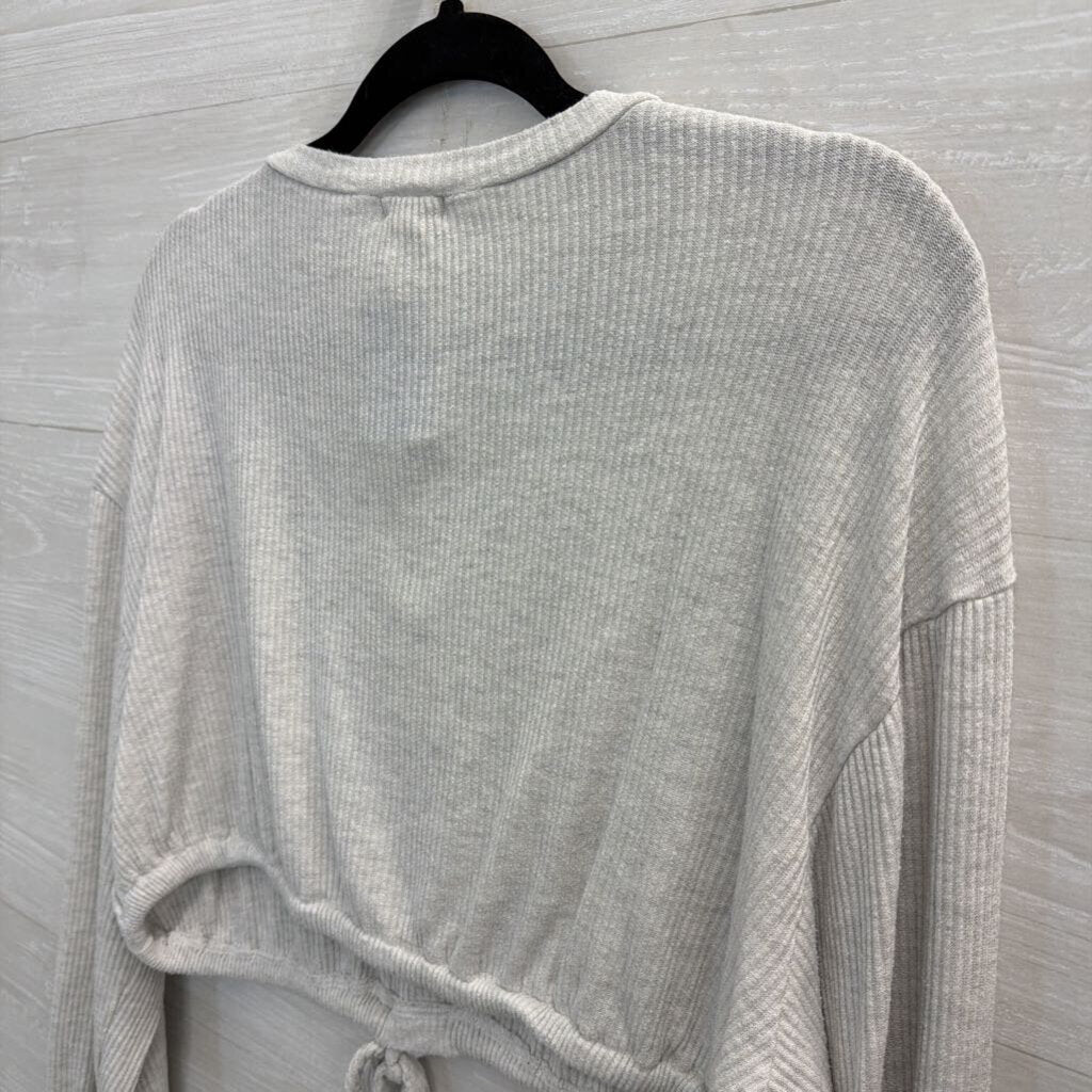 Bittersweet Grey Ribbed Cropped Tie Waist Long Sleeve Top Medium