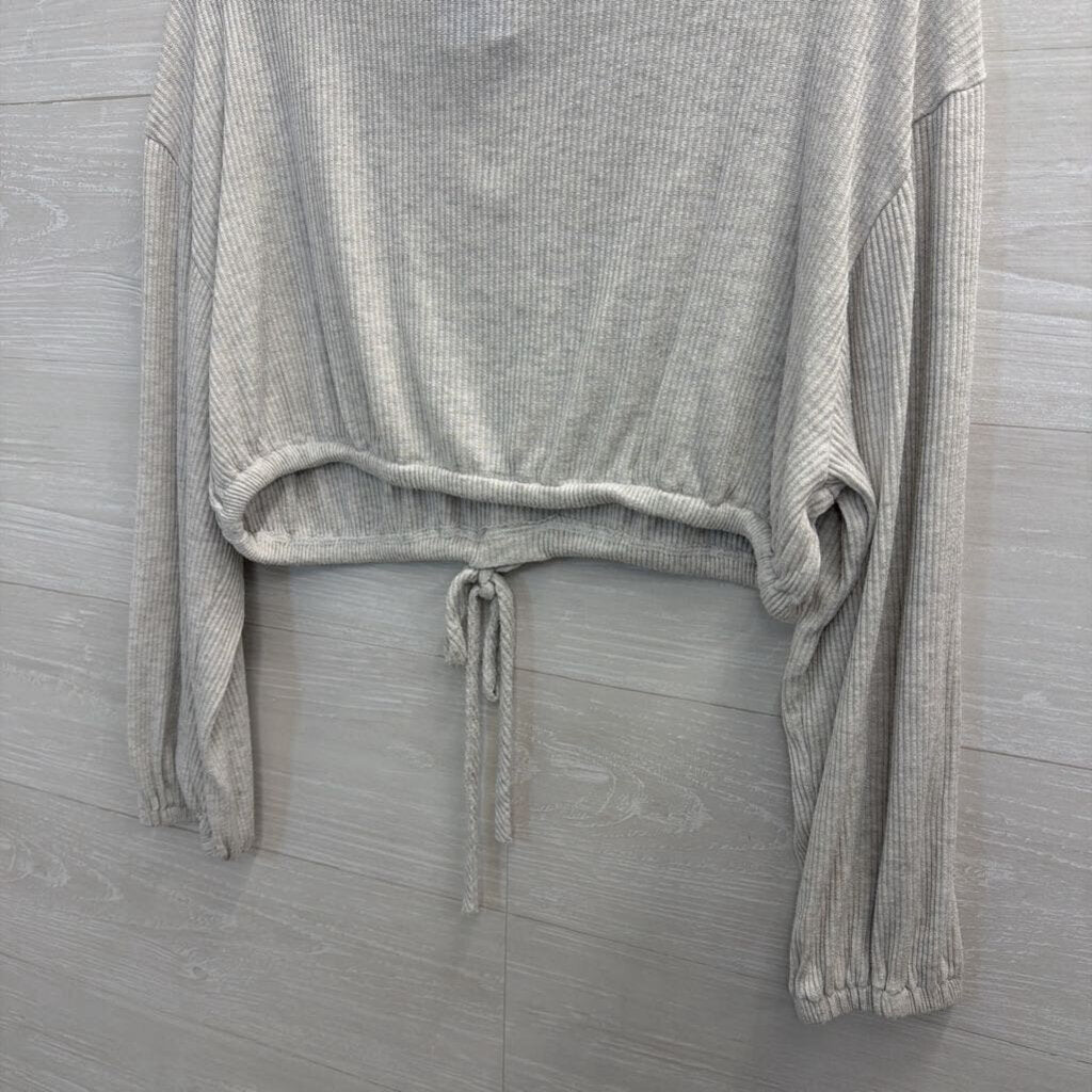 Bittersweet Grey Ribbed Cropped Tie Waist Long Sleeve Top Medium