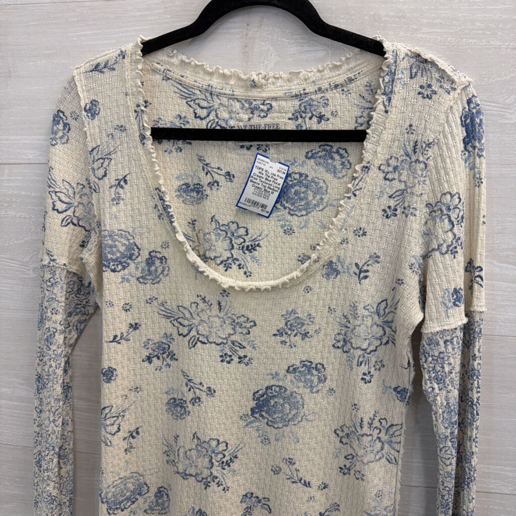 We The Free Cream/ Blue Floral Print Textured Long Sleeve Top Medium