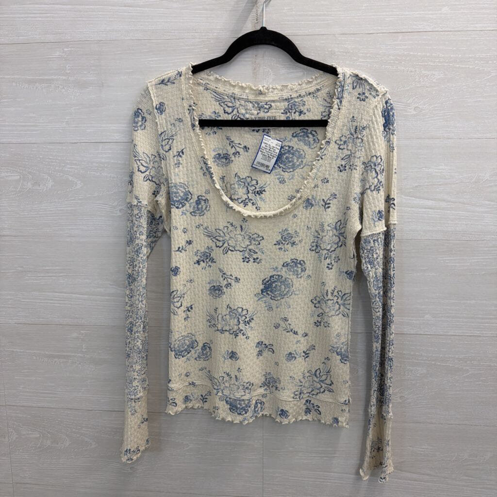 We The Free Cream/ Blue Floral Print Textured Long Sleeve Top Medium