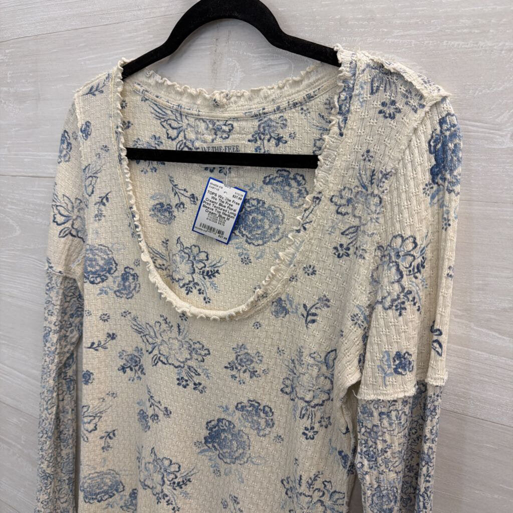We The Free Cream/ Blue Floral Print Textured Long Sleeve Top Medium