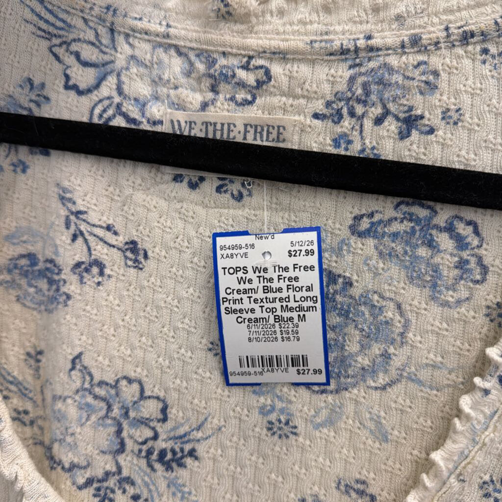 We The Free Cream/ Blue Floral Print Textured Long Sleeve Top Medium