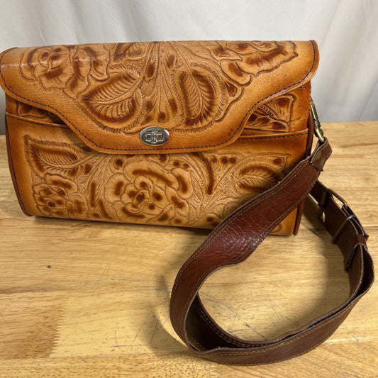 Vintage Brown Genuine Leather Hand Tooled Floral Shoulder Purse