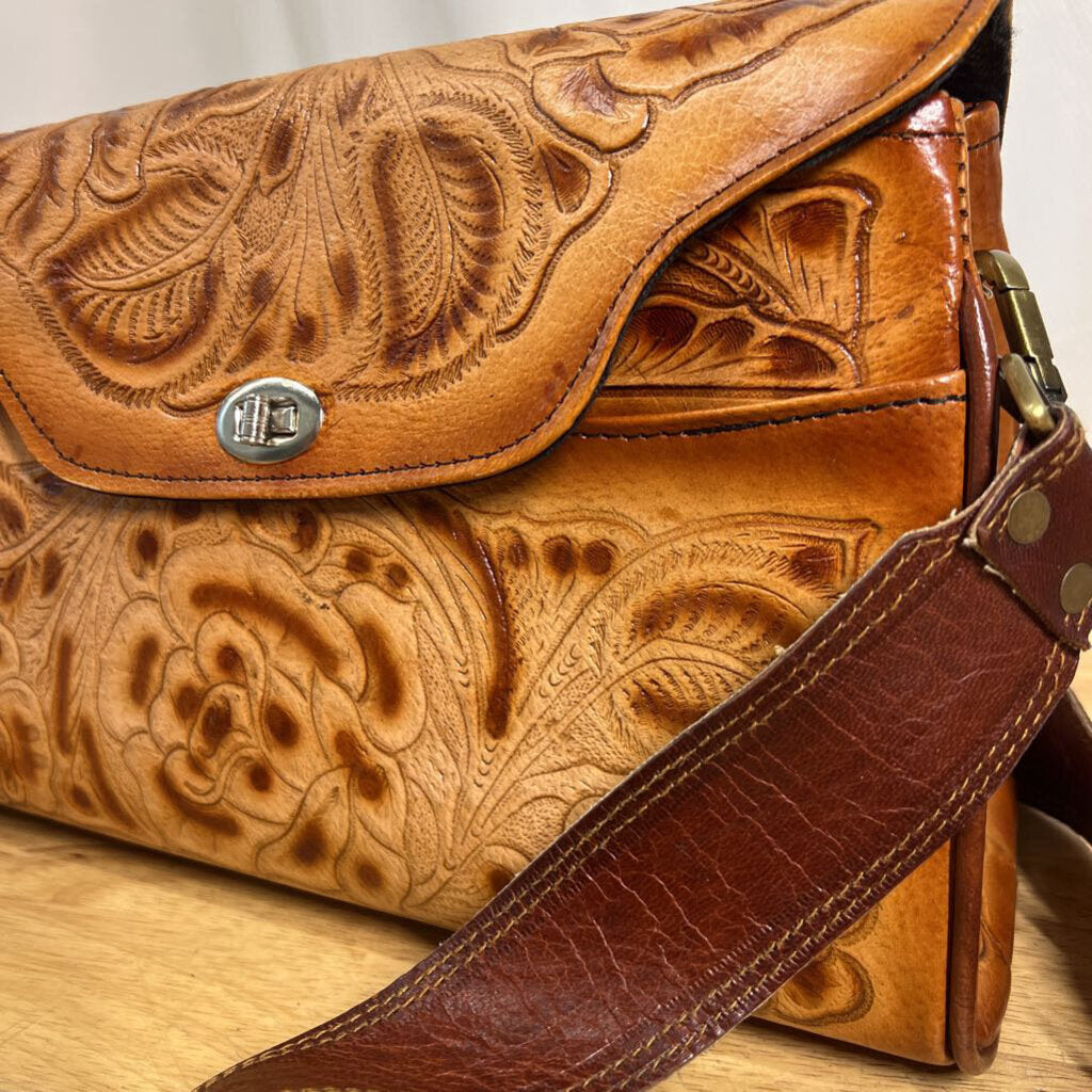 Vintage Brown Genuine Leather Hand Tooled Floral Shoulder Purse
