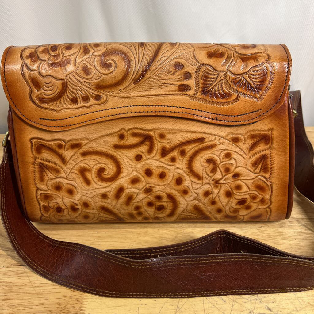 Vintage Brown Genuine Leather Hand Tooled Floral Shoulder Purse
