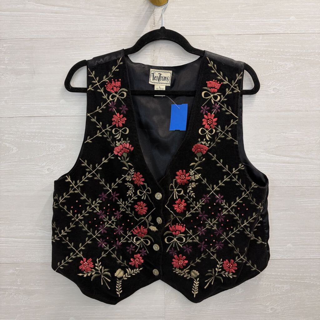 Vintage TanTrums Black/ Mutli Embroidered Vest Top Large