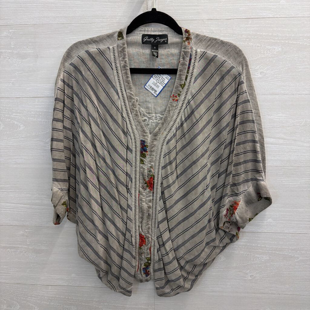 Gretty Zueger Grey Striped Print Short Sleeve Boxy Top Small