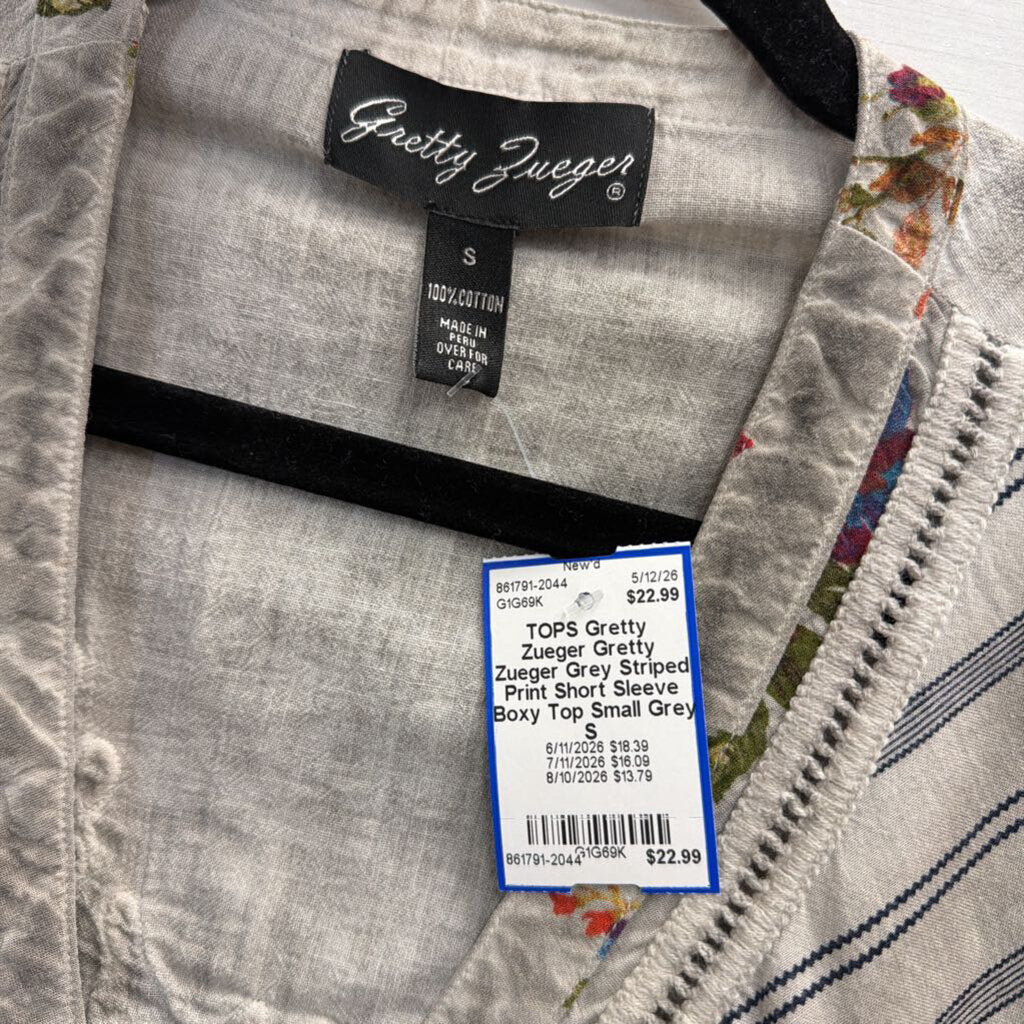 Gretty Zueger Grey Striped Print Short Sleeve Boxy Top Small