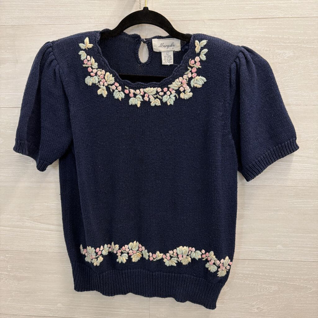 Vintage Margules Navy/ Multi Embroidered Knit Short Sleeve Sweater Top Large