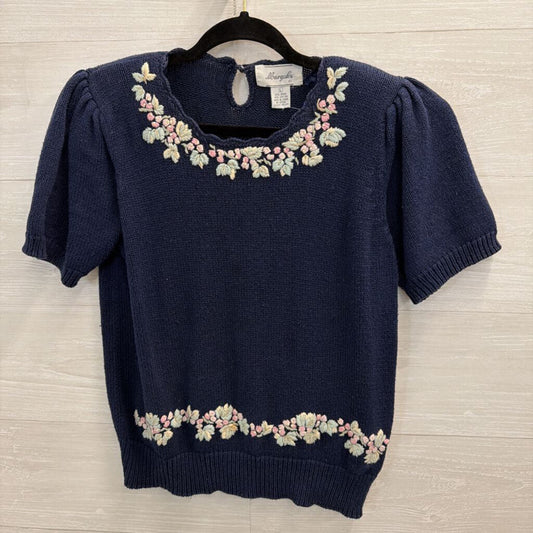 Vintage Margules Navy/ Multi Embroidered Knit Short Sleeve Sweater Top Large