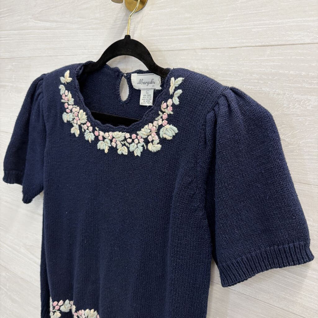 Vintage Margules Navy/ Multi Embroidered Knit Short Sleeve Sweater Top Large