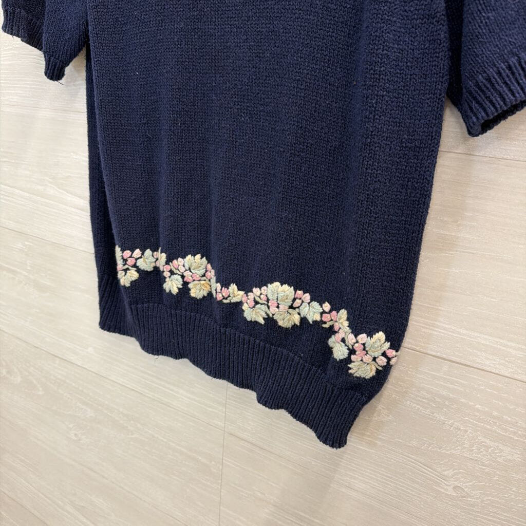 Vintage Margules Navy/ Multi Embroidered Knit Short Sleeve Sweater Top Large