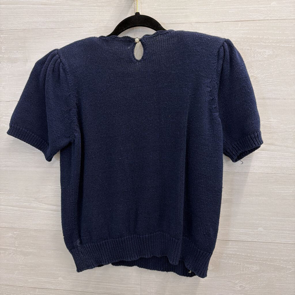 Vintage Margules Navy/ Multi Embroidered Knit Short Sleeve Sweater Top Large