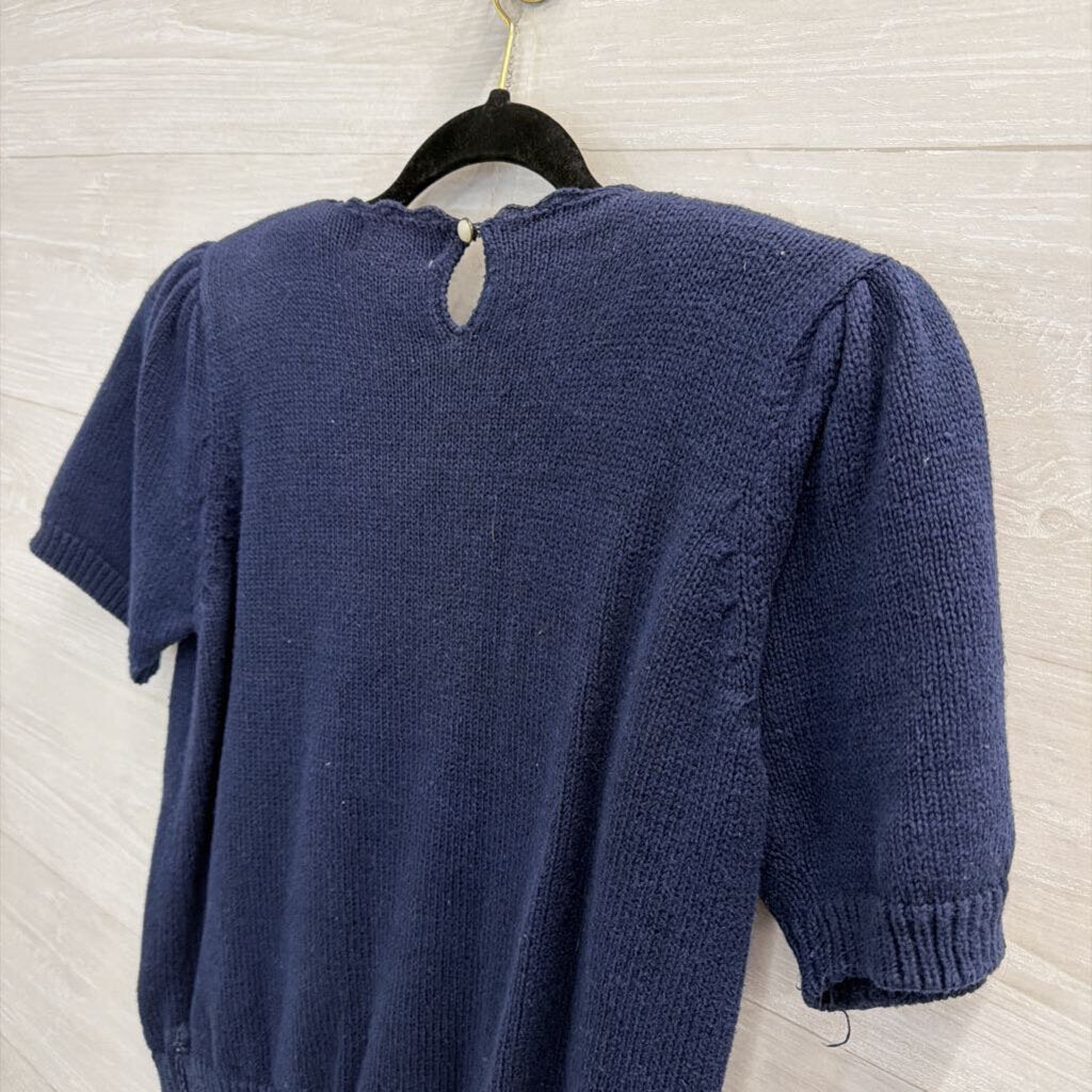 Vintage Margules Navy/ Multi Embroidered Knit Short Sleeve Sweater Top Large