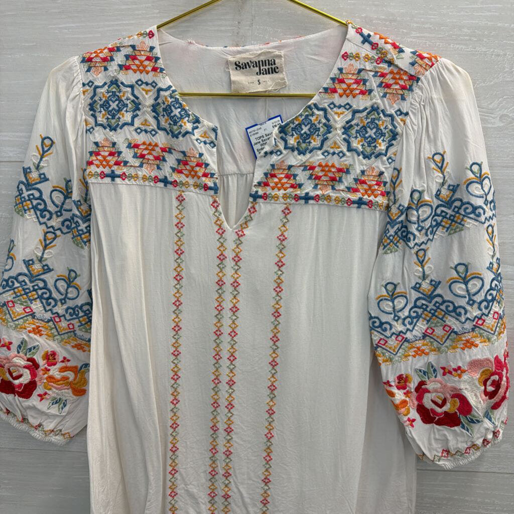 Savanna Jane White/ Multi Embroidered Puff Sleeve Top Small
