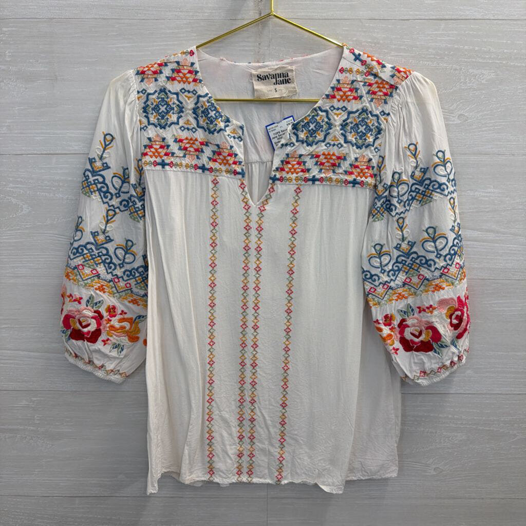Savanna Jane White/ Multi Embroidered Puff Sleeve Top Small