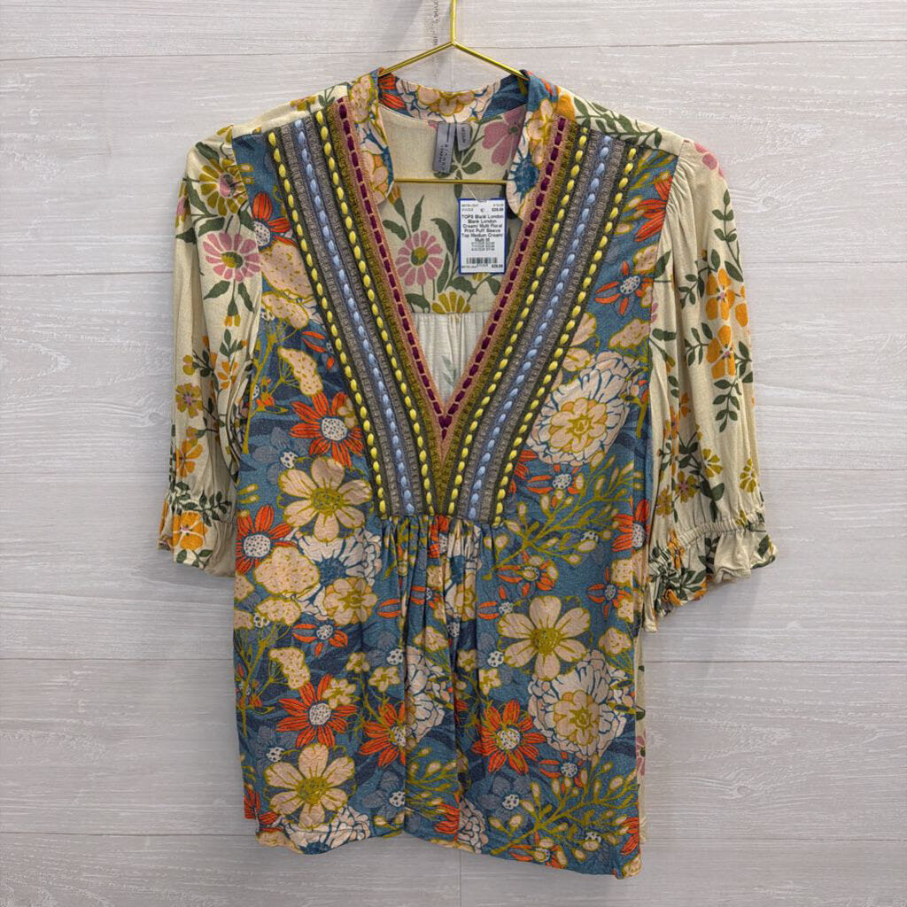 Blank London Cream/ Multi Floral Print Puff Sleeve Top Medium