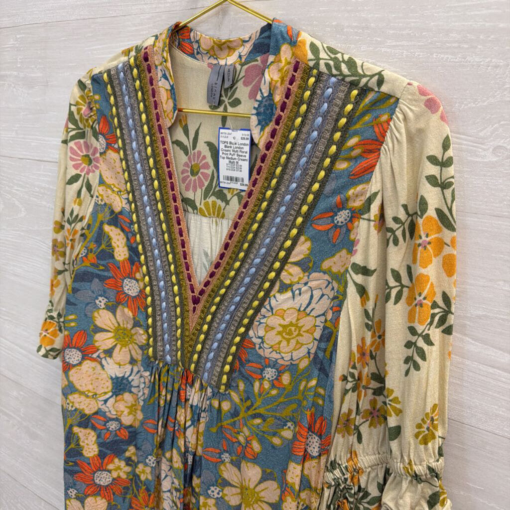 Blank London Cream/ Multi Floral Print Puff Sleeve Top Medium