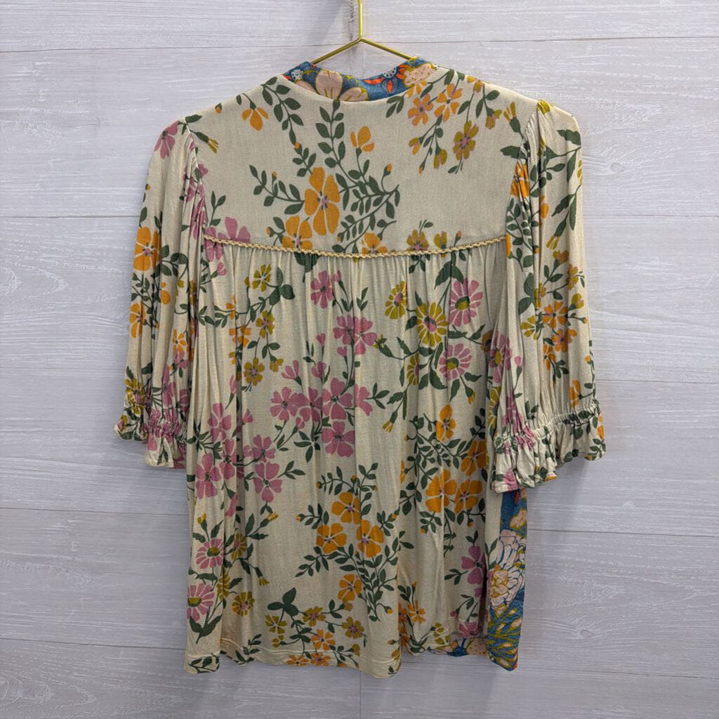 Blank London Cream/ Multi Floral Print Puff Sleeve Top Medium