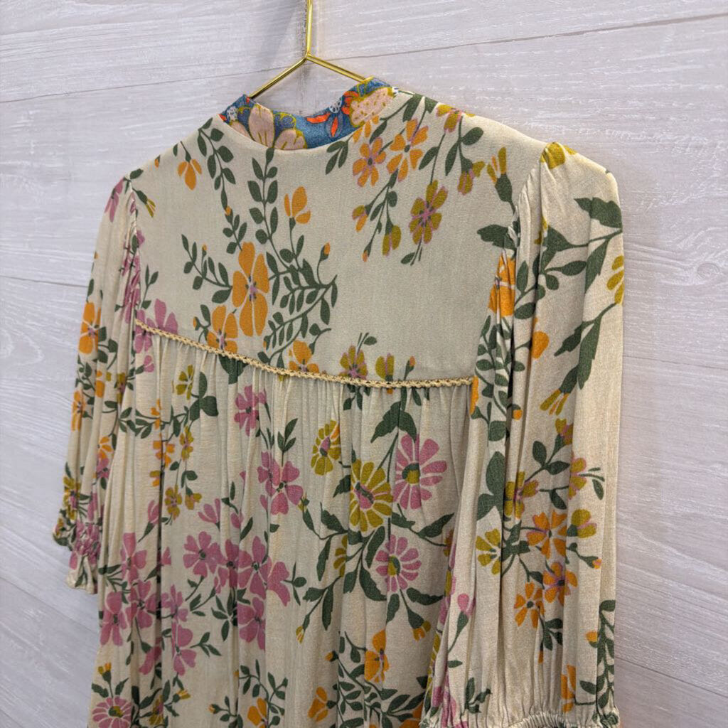 Blank London Cream/ Multi Floral Print Puff Sleeve Top Medium
